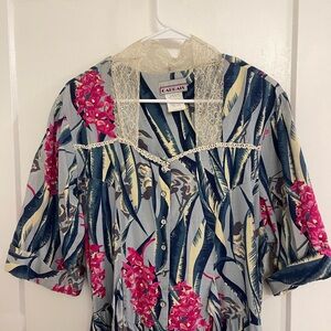 Vintage Hawaiin GrandmaCore Floral Maxi Dress with Lace Trim in Blue and Pink